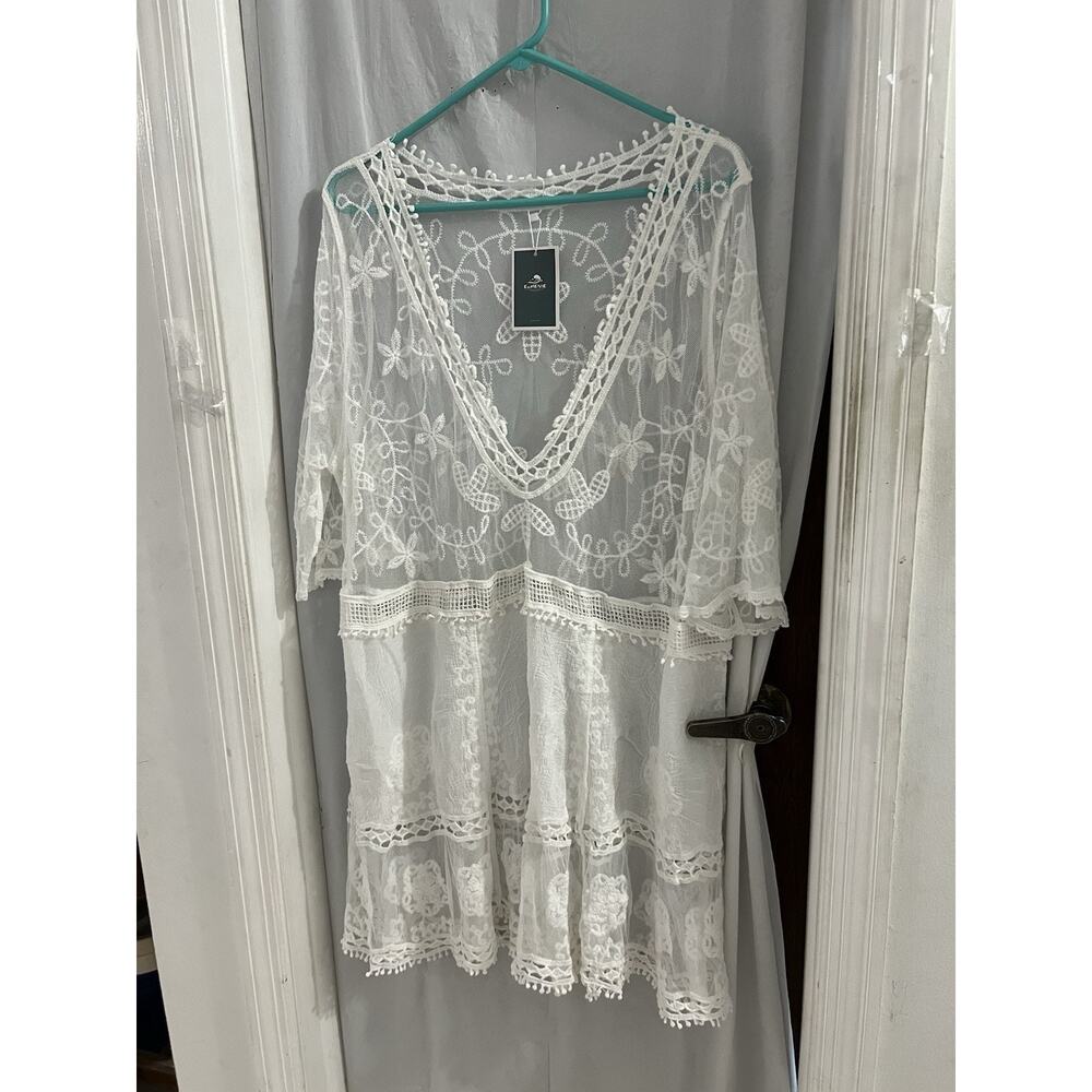 Eomenie White Layered Embroidered Crochet Sheer Bathing Suit Cover Up NWT 1x
